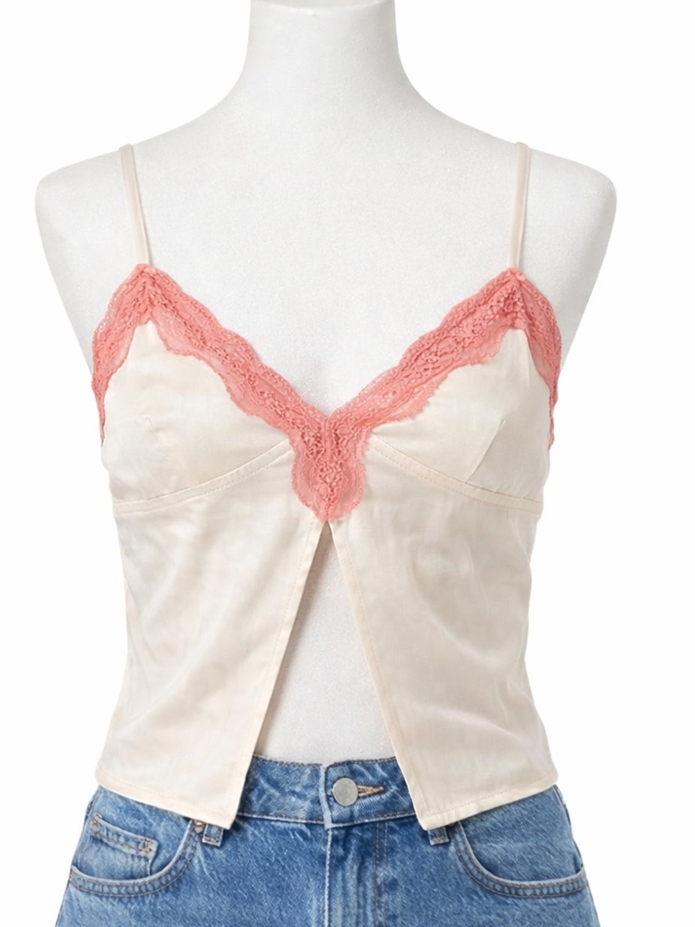 Edikted Satin Lace Cami Top XS Cream Pink Coquette Y2K Crop